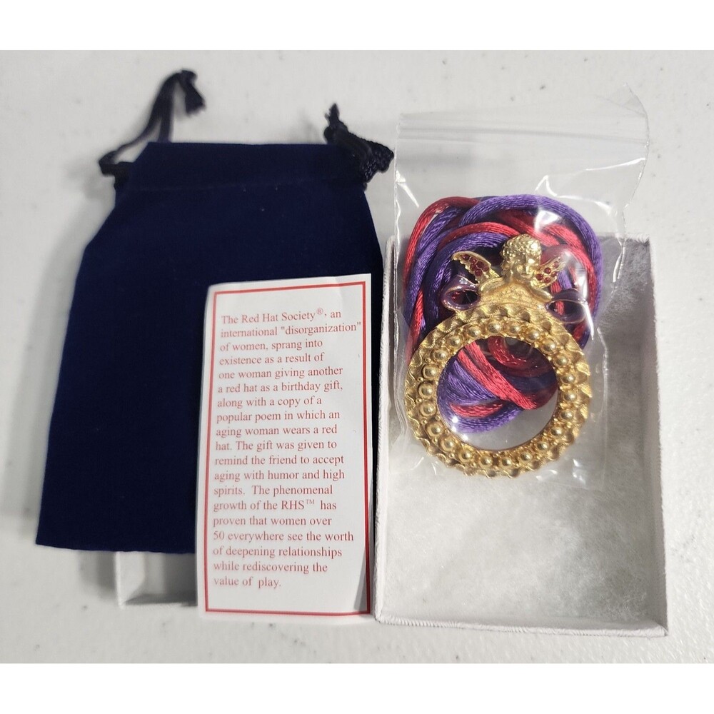 Red Hat Society Angel  Magnifying Glass Pendant Red Purple Necklace Velvet Pouch